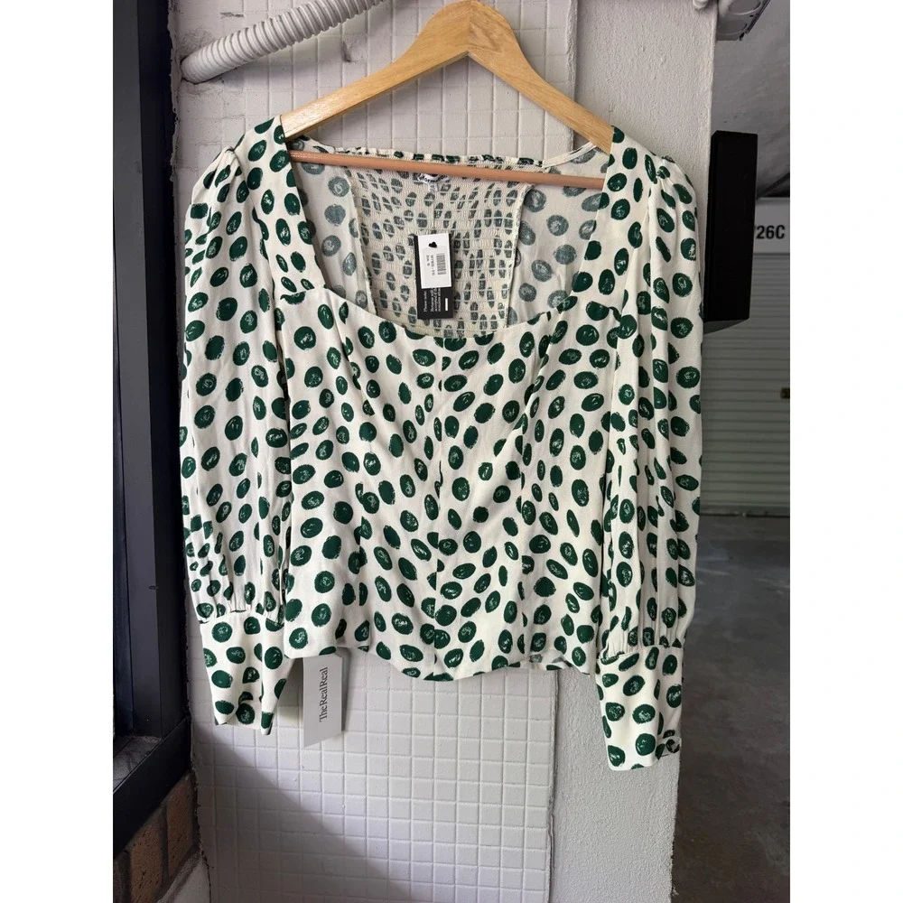 Reformation Calla Blouse in Tapioca Blouse 10 Ivory Green Polka Dot Puff Sleeve
